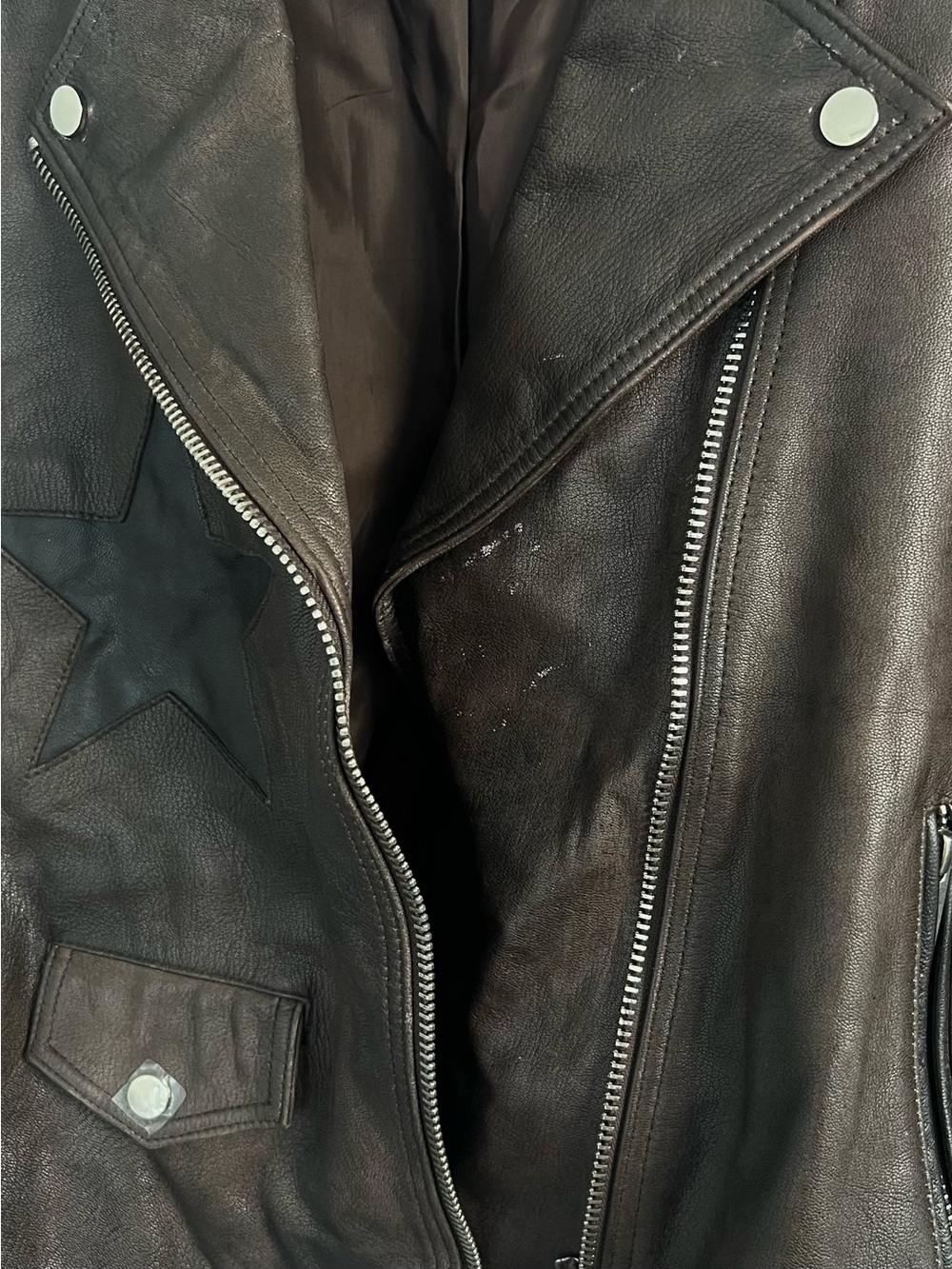 Nasty Gal Brown Leather Fringe Moto Jacket with Black Star - Picture 10 of 13